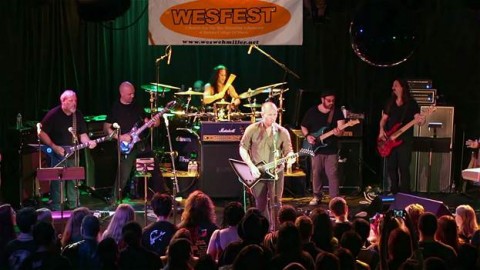 Group shot of Galaktikon playing live (L to R: Mike Keneally (gtr), Jude Gold (gtr), Tim Yeung (drums), Brendon Small (gtr/vox), Rick Musallam (gtr), Bryan Beller (bass) - photo by Dave Foster